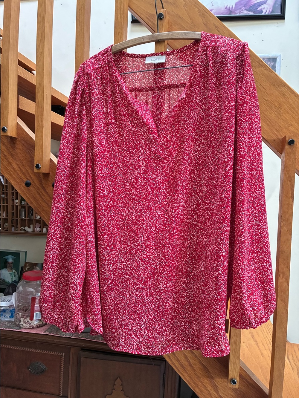 Loft Red and Black Printed V-Neck Long-Sleeve Women's Top 2X